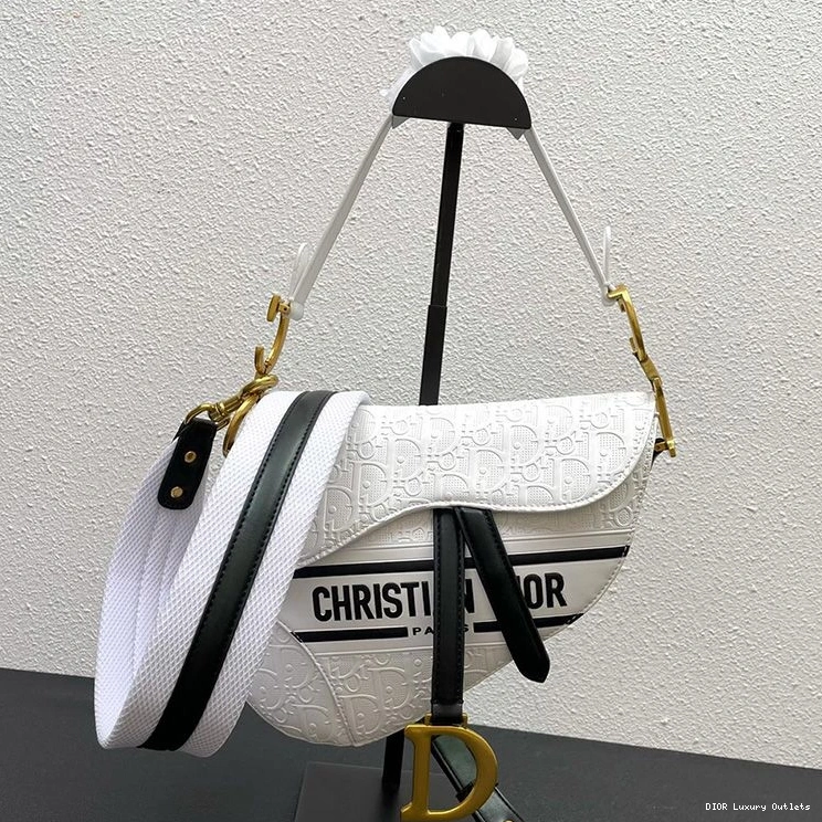 Cheap Dior White Calfskin Christian Oblique Bag Black Saddle Embossed 0716 Luxury